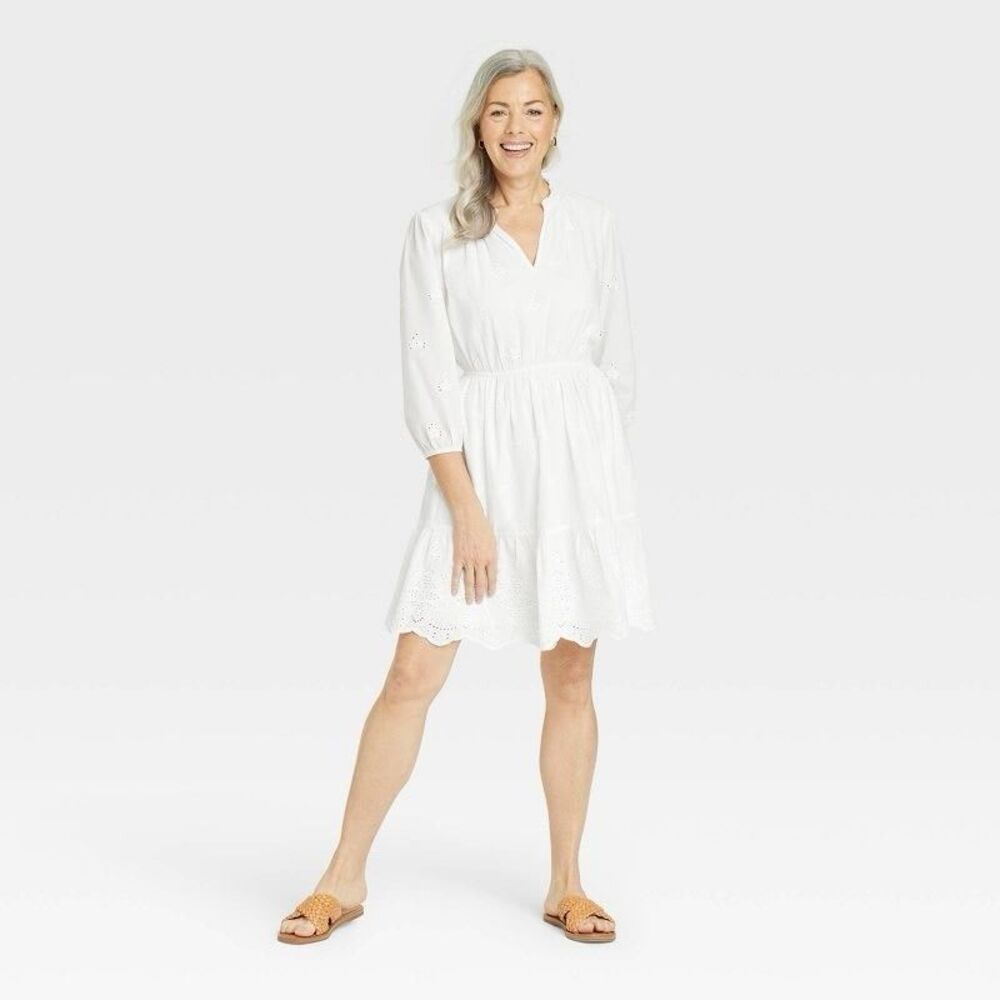 Knox Rose Bishop 3/4 Sleeve Eyelet A Line Dress 100% Cotton White Medium NWT’s